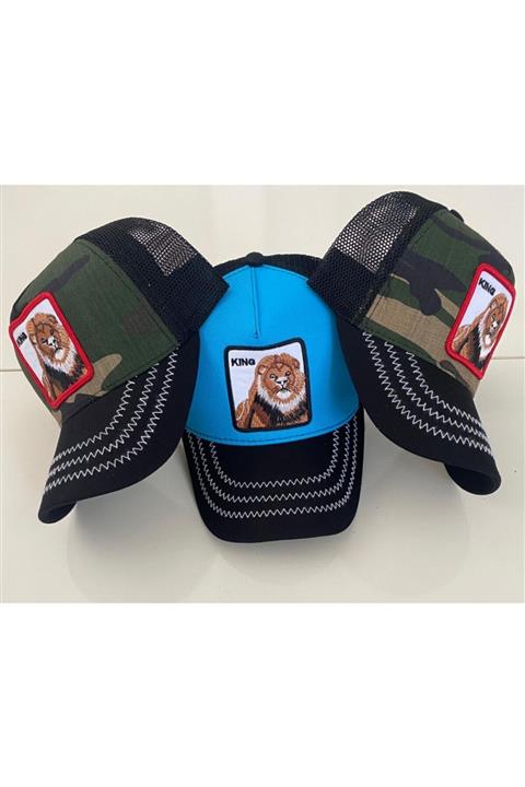 Dışkaya Aslanlı Hayvan Desenli Trend Şapka Mavi Arkası Siyah Fileli
