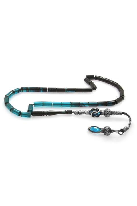 Tesbihane 1000 Ayar Gümüş Kazaz Püsküllü Kesme Kesim Süzme Turkuaz-siyah Ateş Kehribar Tesbih