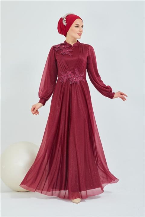 SARE Kadın Yeni Sezon Simli Omuzu Dantelli Abiye Elbise