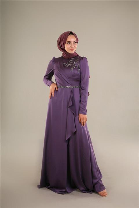Letta Butik Mor Taş Işlemeli Saten Tesettür Abiye 21y7855