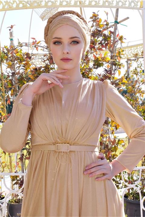 TRENDTESETTÜR Etek Ucu Volanlı Kemerli Simli Abiye Elbise 001100