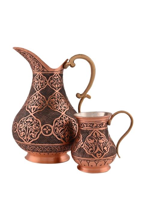 nusnus Bakır Desenli Sürahi +5 Bardak Rose Gold