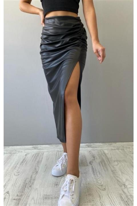 İSTENÇ BUTİK Büzgülü Deri Etek