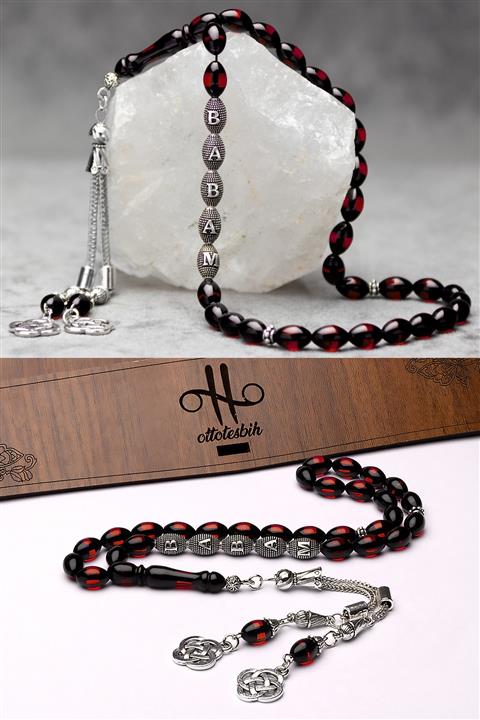OTTOTESBİH Erkek Babalar Günü 925 Ayar Gümüş Harfli 7x11mm Kırmızı Kokulu Toz Kehribar Tesbih