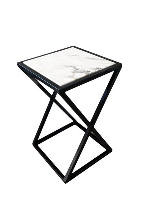Lux and Marble Nerox - Siyah Metal Ayaklı Beyaz Mermer Yan Sehpa