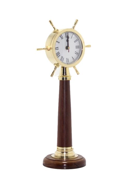 Gezginimport Pirinç Saat Masa Üstü Ahşap Ayaklı Pirinç Dümenli Saat 42 Cm