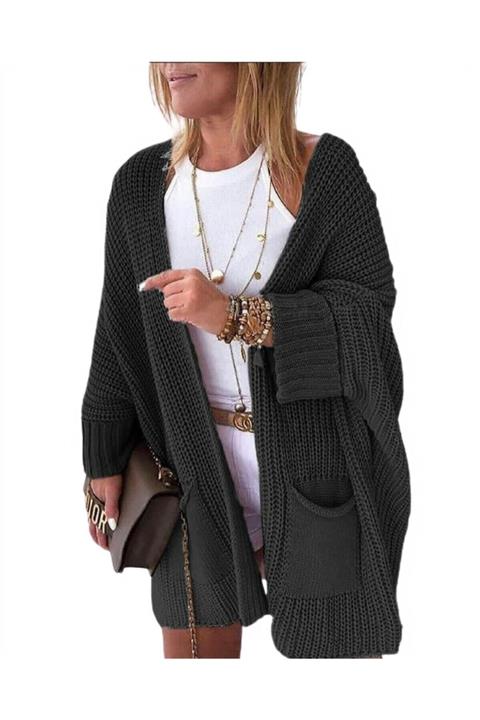 Trendusfashion Siyah Renk Oversize Kalıp Cepli Salaş Triko Hırka 82 cm