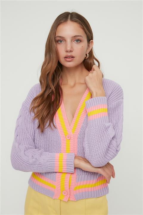 TRENDYOLMİLLA Lila Renk Bloklu Triko Hırka TWOAW22HI1470