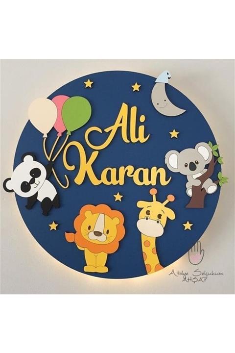 Selçukum Design Hayvanlar Alemi Daire Işıklı Ahşap Bebek Hediyelik Kapı Süsü