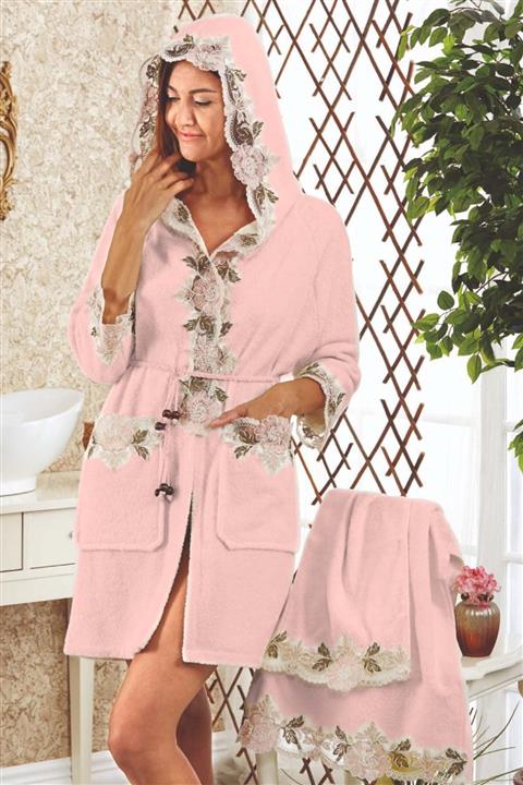 Bonny Home Kadın Pudra Fransız Dantelli Balayı Çeyizlik Fantezi Hamam Bornozu Seti