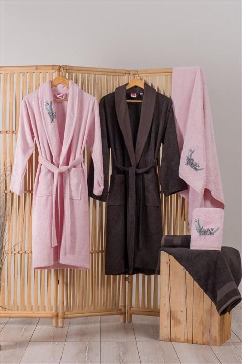 Cotton Box Nakışlı 3d Bamboo Aile Bornoz Seti Perla Pembe Antrasit