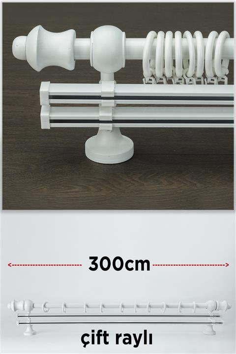 wenthi Beyaz Ahşap Rustik Çift Raylı Perde Askısı Venti 300 Cm