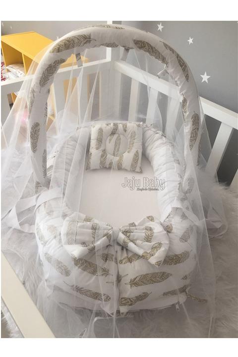 Jaju Baby Altın Tüy Desenli Cibinlik Ve Oyuncak Askılı Lüx Tasarım Babynest