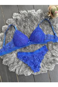 MOOİ Kadın Mavi Dolgusuz Soft Lace Bralet Takım