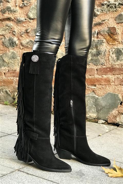 trendytopuk Siyah Hakiki Süet Püsküllü Western Çizme - Carolıne