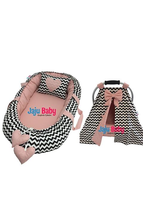 Jaju Baby Siyah Zikzaklı Ve Pudralı Babynest Ve Puset Örtüsü