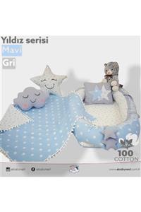 ebabynest Unisex Mavi Set V1 Yıldız Tasarım Ponponlu Park Yatak