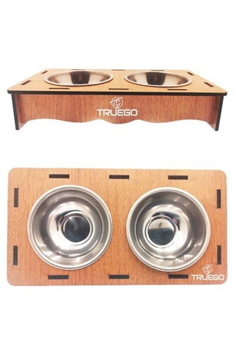 Truego Paslanmaz Çelik Kaseli Kedi Ve Küçük Irk Köpek Ahşap Mama Ve Su Kabı 40cmx20cm