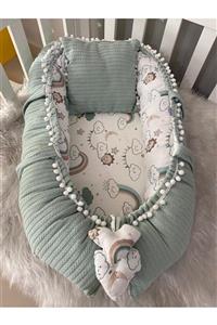 Jaju Baby Yeşil Örgü Pike Kumaş Ve Müslin Kumaş Ponponlu Babynest