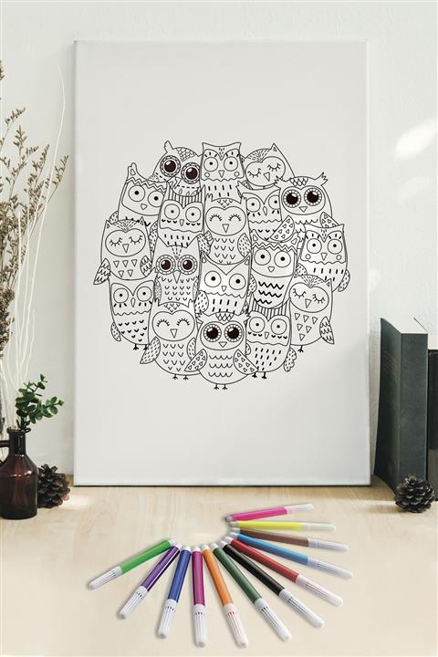 Hediyeler Kapında 50x70 Baykuş Boyanabilir Kanvas Mandala Tuval + 12'li Keçeli Kalem