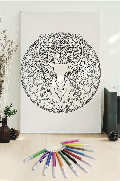 Hediyeler Kapında 50x70 Geyik Boyanabilir Kanvas Mandala Tuval + 12'li Keçeli Kalem