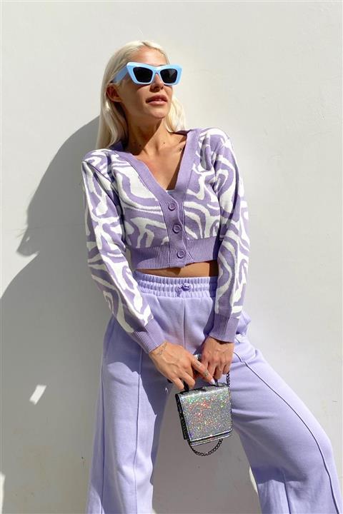 SwistLuxury Lila Etnik Desen Crop Triko Hırka