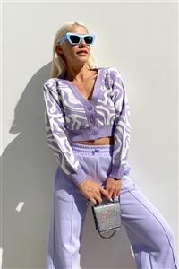 SwistLuxury Lila Etnik Desen Crop Triko Hırka