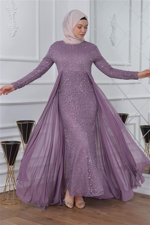 İSTANBULSTYLEMODA Şifon Kuyruklu Payetli Tesettür Abiye Lila