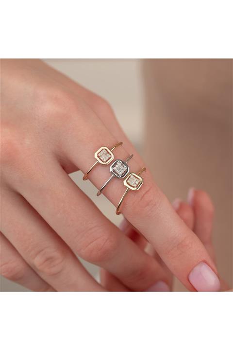 ELEF JEWELLERY Kare Formlu Baget Taşlı 14 Ayar Altın Yüzük Sarı 18