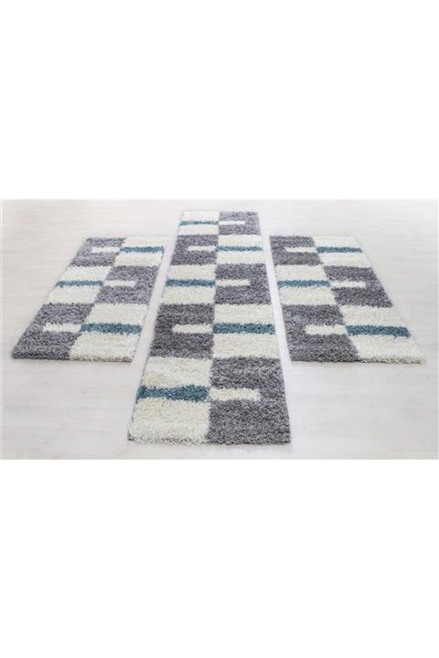 Umayconcept Yolluk Set 3 Lü Yatak Odası Takımı Desenli Shaggy Halı Turkuaz Bej