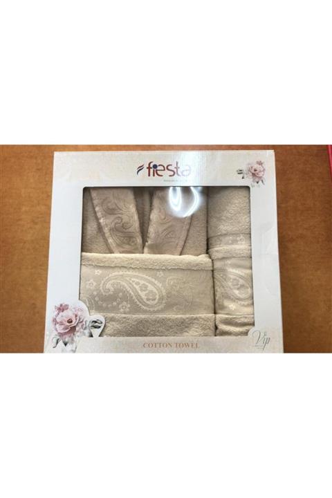 Fiesta 3 Parça Tek Kişilik Yarım Set Bornoz Takımı Sütlü kahve