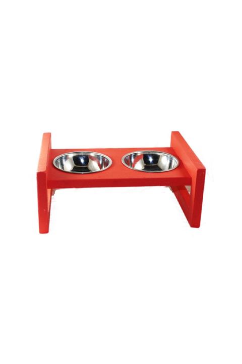 SCdekor Kırmızı Renkte Ahşap Köpek Mama Ve Su Kabı ( Medium )
