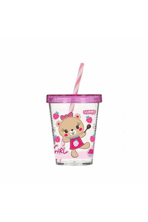 Herevin Ayıcık Desenli Pembe Pipetli Bardak 450 Ml.