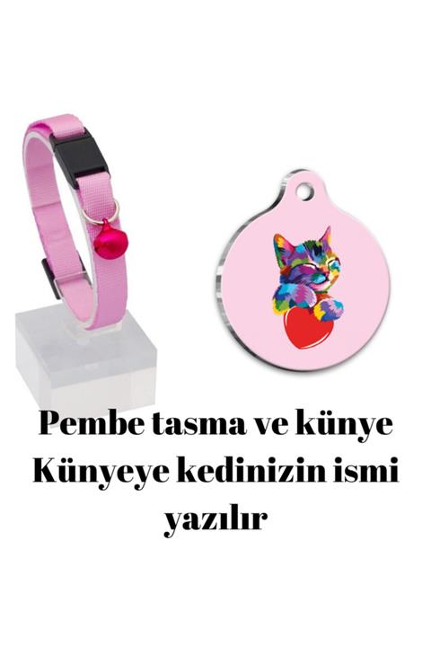 altın pati Güvenlik Kilitli Zilli Ve Ayarlanabilir Pembe Kedi Boyun Tasması 22-30 Cm+gülümseyen Kedi Künyesi
