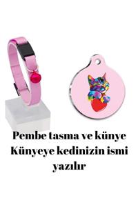 altın pati Güvenlik Kilitli Zilli Ve Ayarlanabilir Pembe Kedi Boyun Tasması 22-30 Cm+gülümseyen Kedi Künyesi