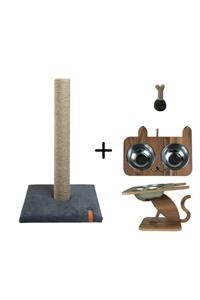 PUGALO Catnipli Tırmalama Tahtası & Ahşap Mama Su Kabı & Catnipli El Örgüsü Kedi Oyuncağı