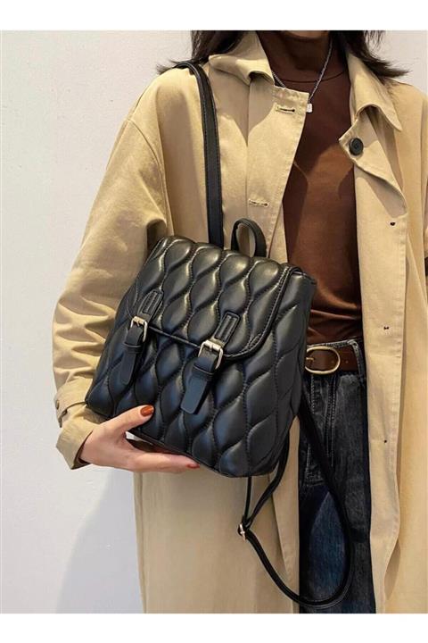 Defnella Kadın Siyah Nakışlı Kapitone Sırt Ve Omuz Çantası