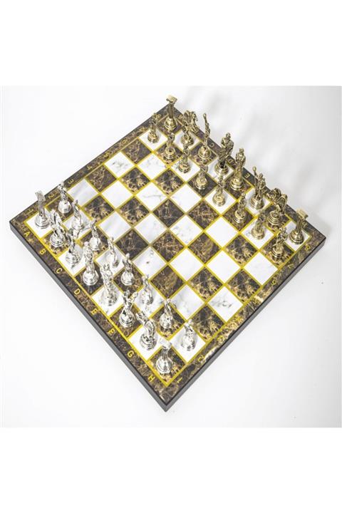 CİMCİME OYUNCAK Lüks Metal Satranç Takımı Krom Kaplama Roma Senatosu & Kehribar Mermer Desenli Tahta Kl-rm2