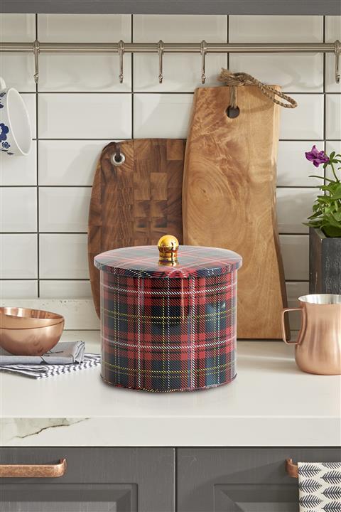 EVLE Ekose Desenli Yuvarlak Çok Amaçlı Metal Erzak Saklama Kabı 3.9 Lt - Kırmızı