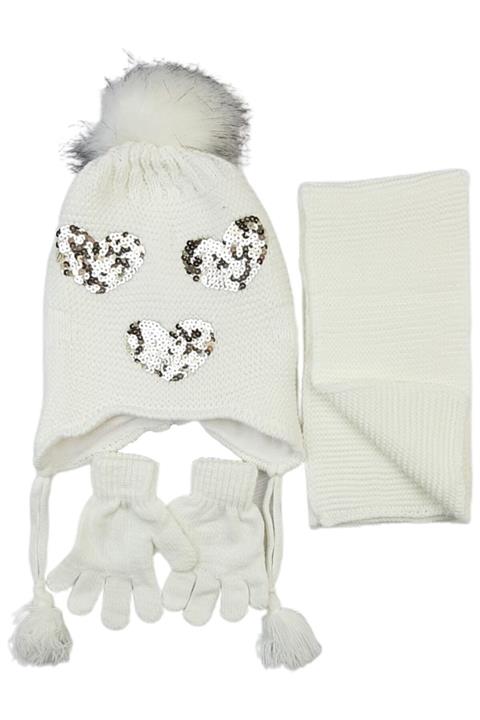 Kamus Kalpli Çocuk Atkı Bere Eldiven Seti Krem