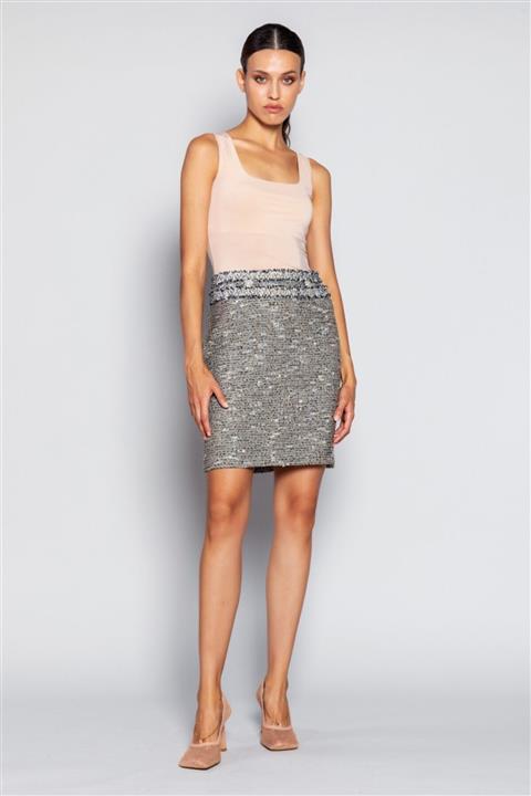 Ashleys Gri Şerit Süslemeli Taşlı Mini Tüvit Etek