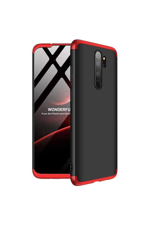 Xiaomi Redmi Note 8 Pro Kılıf 360 Derece Ön Arka Sert Kapak - Siyah-kırmızı + Nano Cam