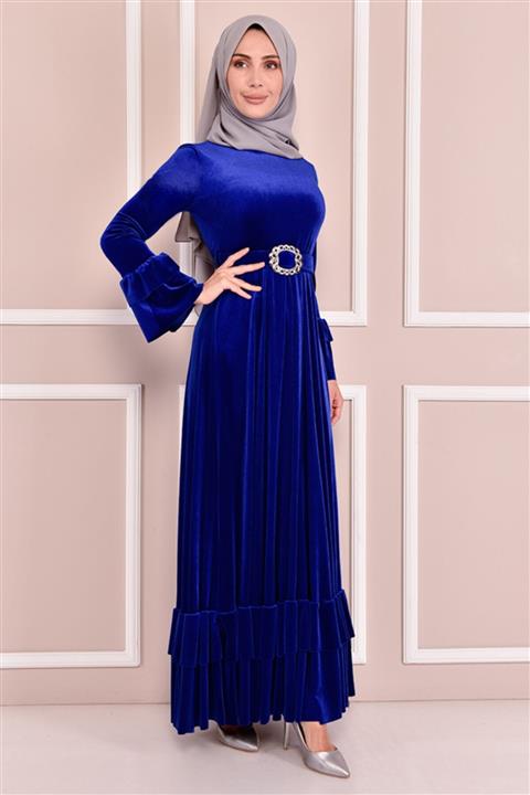 ModaMerve Kemerli Kadife Elbise Saks Efy5861