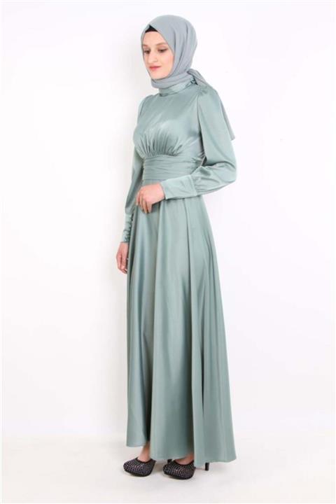 hipatu 4347 Kol Inci Manşetli Saten Mint Yeşili Elbise