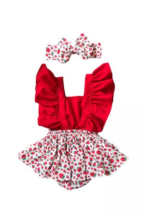 Mira Aksesuar Çilek Desenli Salopet & Bandana Kız Çocuk Takım
