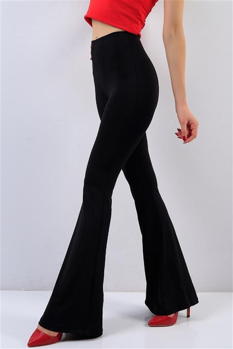 Md1 Collection Kadın Siyah Esnek Krep Kumaş İspanyol Paça Yüksek Bel Pantolon