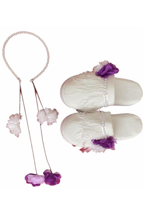 Özel Yapım Mor Beyaz - Küpe Taçlı Anne Lohusa Terlik Set