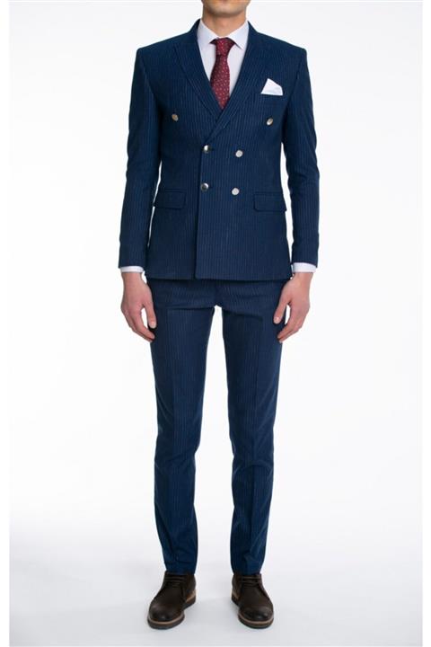 Suitmen Kruvaze Ince Çizgili Takım Elbise Açık Lacivert
