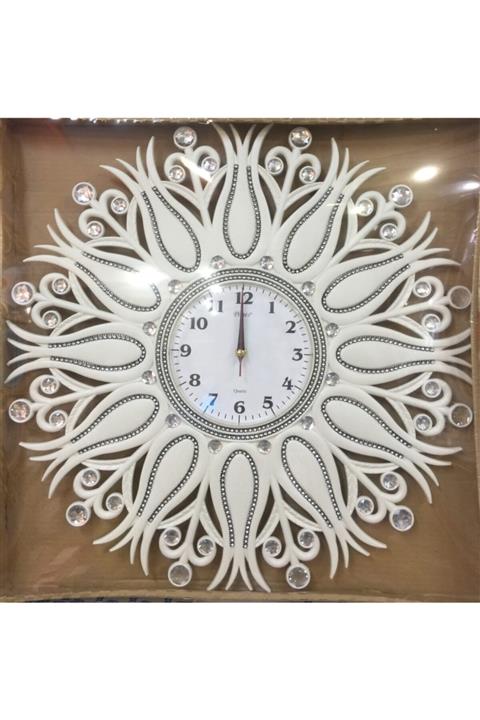 QUARTZ Beyaz Taşlı Büyük Boy Salon Tipi Modern Duvar Saati 54 cm