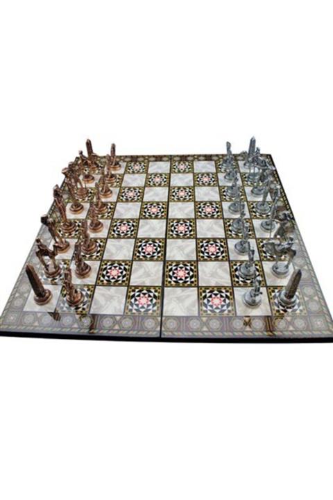 hediyelikesya Metal Mısır Satranç Takımı Antik Ve Ceviz Desenli Mdf Ahşap Satranç Tahtası (37X37 CM.)